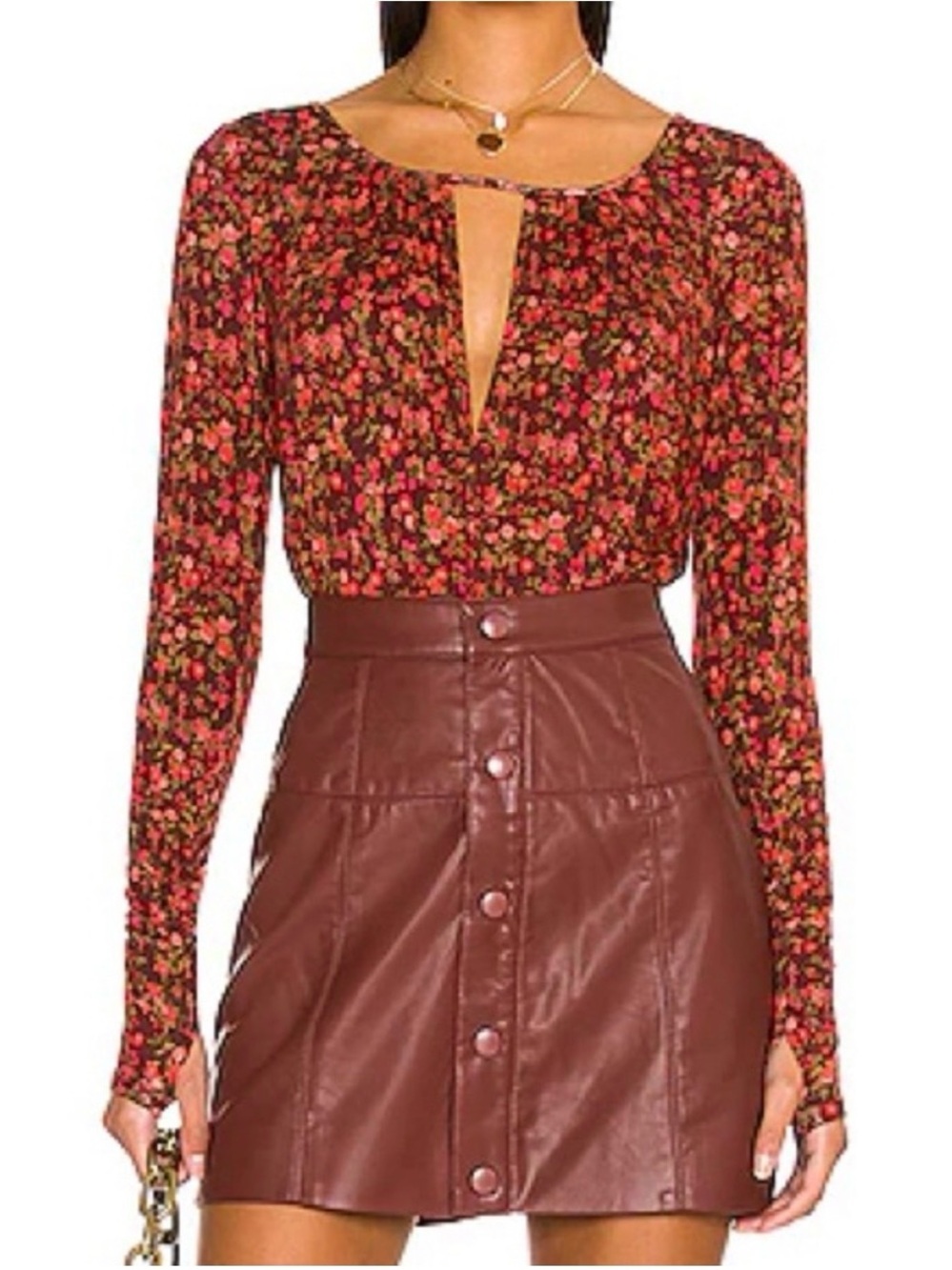 Free People Intimately Kaya Printed Keyhole Bodysuit Chocolate Red Floral L
